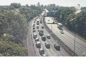 Traffic is backlogged on the M602 eastbound after a multi-vehicle collision closeda lane earlier between J2 and J3 near Trafford Park.