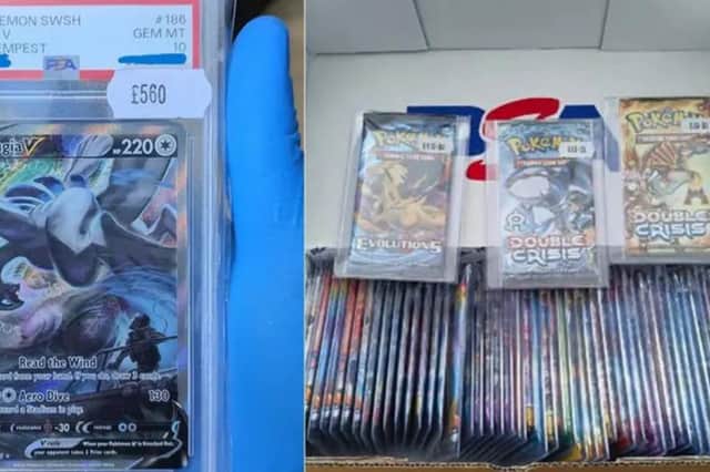 Police are now trying to return the cards, found wrapped in plastic labelled with price tags ranging up to £560, to their original owners.