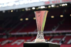 The UEFA Europa League trophy is displayed on a plinth inside the stadium prior to the UEFA Conference League 2024/25 Semi Final Second Leg match between Chelsea FC v Djurgarden at Stamford Bridge on May 08, 2025 in London, England.