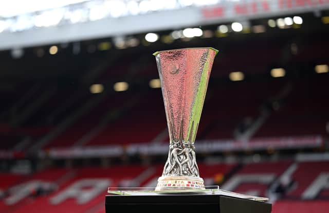 The UEFA Europa League trophy is displayed on a plinth inside the stadium prior to the UEFA Conference League 2024/25 Semi Final Second Leg match between Chelsea FC v Djurgarden at Stamford Bridge on May 08, 2025 in London, England.