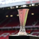 The UEFA Europa League trophy is displayed on a plinth inside the stadium prior to the UEFA Conference League 2024/25 Semi Final Second Leg match between Chelsea FC v Djurgarden at Stamford Bridge on May 08, 2025 in London, England.
