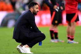 Ruben Amorim, Manager of Manchester United, looks dejected after his team's defeat in the UEFA Europa League Final 2025 between Tottenham Hotspur and Manchester United at Estadio de San Mames on May 21, 2025 in Bilbao, Spain. (