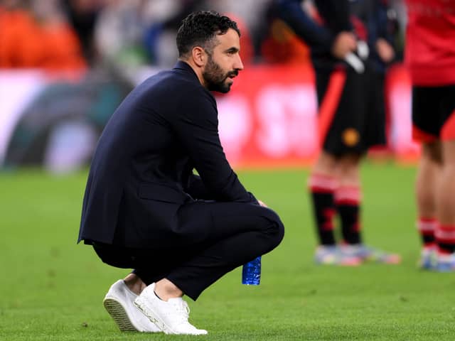 Ruben Amorim, Manager of Manchester United, looks dejected after his team's defeat in the UEFA Europa League Final 2025 between Tottenham Hotspur and Manchester United at Estadio de San Mames on May 21, 2025 in Bilbao, Spain. (