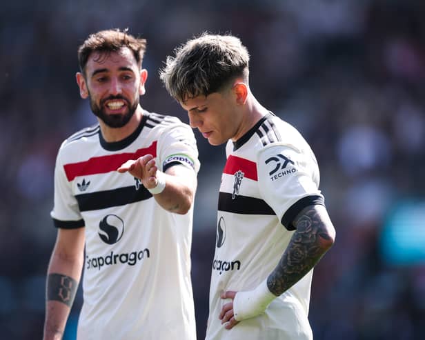 Bruno Fernandes of Manchester United reacts towards teammate Alejandro Garnacho during the Premier League match between AFC Bournemouth and Manchester United FC at Vitality Stadium on April 27, 2025 in Bournemouth, England. (Photo by Ryan Pierse/Getty Images)