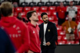 Manager Ruben Amorim of Manchester United looks dejected after losing the UEFA Europa League Final 2025 between Tottenham Hotspur and Manchester United at Estadio de San Mames on May 21, 2025 in Bilbao, Spain. 