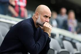  Pep Guardiola, Manager of Manchester City, reacts prior to the Premier League match between Fulham FC and Manchester City FC at Craven Cottage on May 25, 2025 in London, England. (Photo by Alex Davidson/Getty Images)
