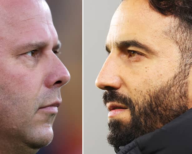 Arne Slot, Manager of Liverpool (L) and Ruben Amorim, Manager of Manchester United