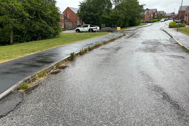 Weeds grow next to kerbs on the Churchfields/Fairways estate with no tarmac on the roads