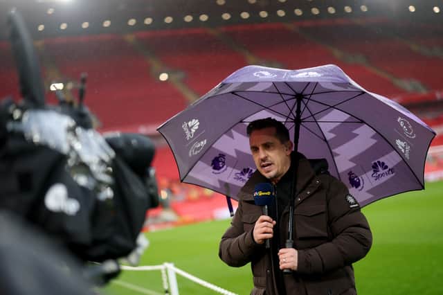 Gary Neville, former English footballer and current television pundit, presents with NBC Sport prior to the Premier League match between Liverpool FC and Manchester United FC at Anfield on January 05, 2025 in Liverpool, England.