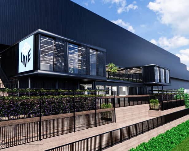 An artist's impression of the proposed Co-op Live extension which will see a canalside terrace bar and merch stalls built