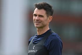 James Anderson of Lancashire during the Vitality Blast match between Lancashire Lightning and Notts Outlaws at Emirates Old Trafford on May 31, 2025.