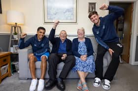 John Stones and Rico Lewis of Manchester City meet a Manchester City fan. Tuesday 10th June 2025