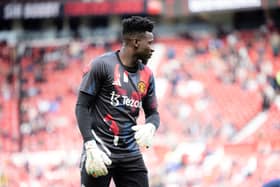 Andre Onana of Manchester United warms up ahead of the Premier League match between Manchester United FC and Aston Villa FC at Old Trafford on May 25, 2025 in Manchester, England. 