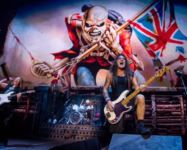 Legendary bassist Steve Harris performing his signature galloping bass lines during a rendition of The Trooper on Iron Maiden's Run For Your Lives tour. 