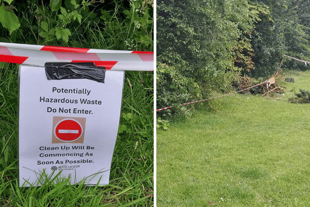 The taped off area and signs at Hough End Playing Fields in south Manchester which the council confirmed it closed for a clean-up