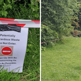 The taped off area and signs at Hough End Playing Fields in south Manchester which the council confirmed it closed for a clean-up