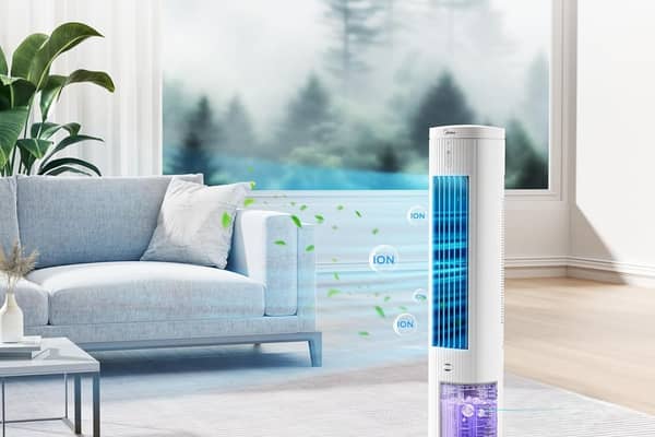 The air cooler uses a tank of cold water, and a pair of ice blocks to send out a super-cool blast of air