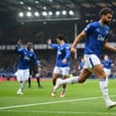 Dominic Calvert-Lewin of Everton celebrates scoring his team's first goal during the Premier League match between Everton FC and Tottenham Hotspur FC at Goodison Park on January 19, 2025 in Liverpool, England.