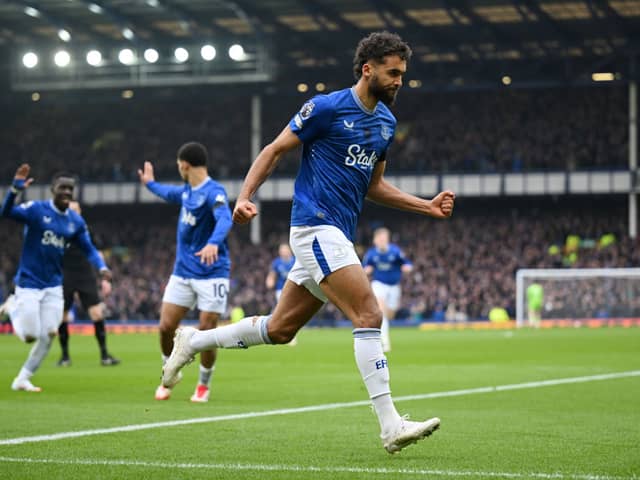 Dominic Calvert-Lewin of Everton celebrates scoring his team's first goal during the Premier League match between Everton FC and Tottenham Hotspur FC at Goodison Park on January 19, 2025 in Liverpool, England.