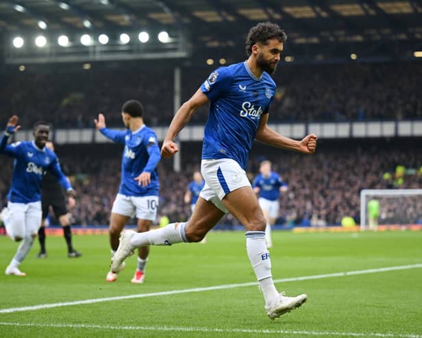 Dominic Calvert-Lewin of Everton celebrates scoring his team's first goal during the Premier League match between Everton FC and Tottenham Hotspur FC at Goodison Park on January 19, 2025 in Liverpool, England.