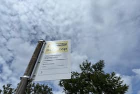 A Bee Network TfGM bus stop in Warburton, Trafford, where the only service is run by Warrington's Own Buses