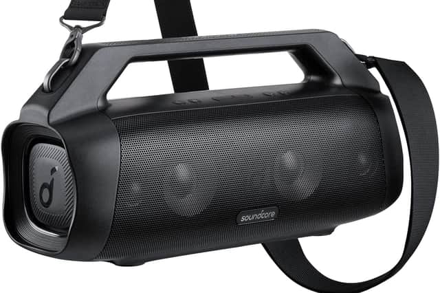 The Motion Boom Plus features rugged build quality and powerful stereo sound, making it ideal for outdoor use.