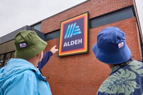 A view of the Aldi store in Prestwich, where the sign outside of the supermarket has been changed to say 'Aldeh'.