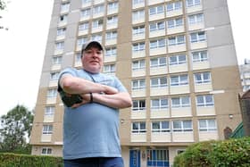 David Deakin a resident of Conway Towers complaining about a regular water leak in the building run by Stockport Homes