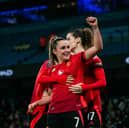 Ella Toone of Manchester United celebrates scoring her teams fourth goal and her hat trick during the Barclays Women's Super League match between Manchester City and Manchester United at Etihad Stadium 