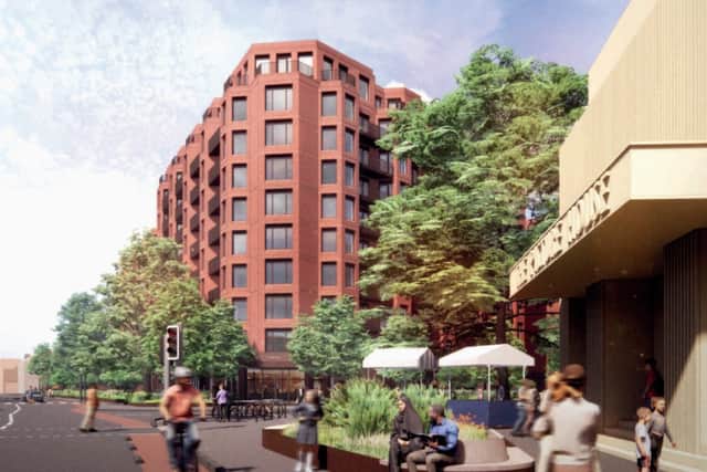 How apartment blocks, set to be built on the Chorlton Cross shopping precinct, could look. Seen from the former Picturehouse