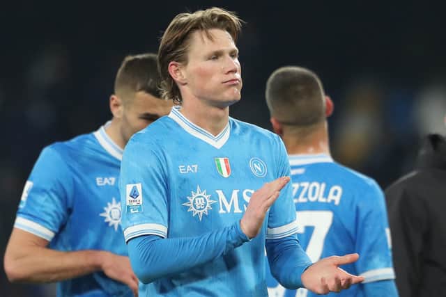 A frustrated Scott McTominay claps Napoli fans at the end of the goalless draw with Parma at the Diego Armando Maradona Stadium. (Photo by CARLO HERMANN / AFP via Getty Images)