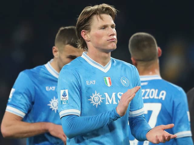 A frustrated Scott McTominay claps Napoli fans at the end of the goalless draw with Parma at the Diego Armando Maradona Stadium. (Photo by CARLO HERMANN / AFP via Getty Images)