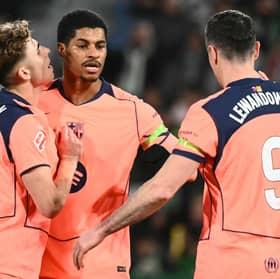 Barcelona's English forward #14 Marcus Rashford (C) celebrates with Barcelona's Spanish midfielder #16 Fermin Lopez and Barcelona's Polish forward #09 Robert Lewandowski after scoring his team's third goal during the Spanish league football match between Elche CF and FC Barcelona at thge Martinez Valero stadium in Elche on January 31, 2026.