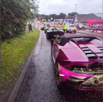 Police seized five Lamborghinis and a Mercedes G-Wagon on Wednesday (2/9) night as they stopped a fleet of supercars using a motorway as a racetrack.