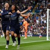Nathan Ake celebrates scoring his second Premier League goal against Leeds United this season with Jack Grealish. Pic: Michael Regan.