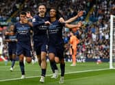 Nathan Ake celebrates scoring his second Premier League goal against Leeds United this season with Jack Grealish. Pic: Michael Regan.