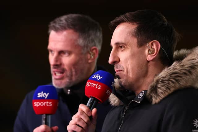 Jamie Carragher and Gary Neville present Sky Sports coverage of Leeds United's 3-2 victory over Wolverhampton Wanderers. Pic: Naomi Baker.