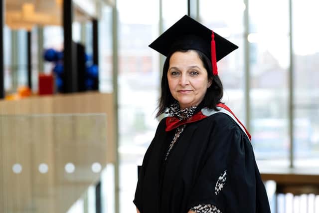 Figen Murray in her academic cap and gown after graduating from the MSc Counter Terrorism degree at the University of Central Lancashire (UCLan).