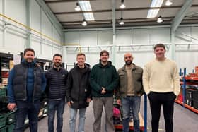 Donation - (from left) Chancerygate's Ian Johnson and Andy Farrer; Hines' Mickey Scott; Oldham Foodbank's Tom Lewis Hood; and Hines' Gianmarco Cannizzo and Joe Unkles