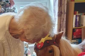 Crunchy, the Shetland Pony with  resident at Daneside Court Care Home