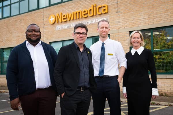 Helping the NHS: Jesse James (Newmedica Manchester operations director), Andy Burnham, James Young (Newmedica Manchester consultant ophthalmologist) and Karen Croker (Newmedica contracting and managed service director).