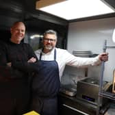 Tom Kerridge with Ryan Blackburn, of the Old Stamp House Restaurant at Ambleside. Picture: BBC/Bone Soup/Nathan Harrison.