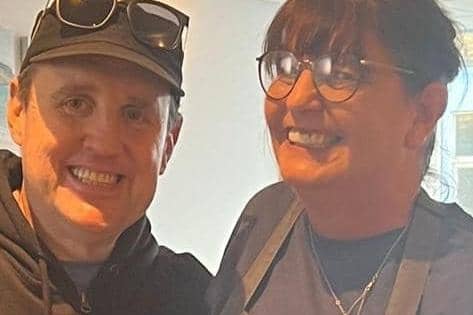 Peter Kay with Bernadette Harkin from Atkinson's Fish and Chips in Morecambe.