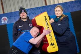 Anwyl’s Debbie Griffiths joins Gary and coach Carl Abraham at Rochdale Mayfield ARLFC’s inclusive rugby session