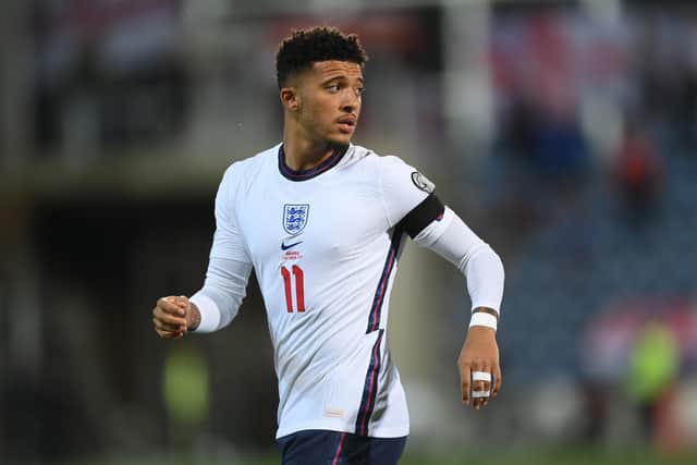 ANDORRA LA VELLA, ANDORRA - OCTOBER 09: Jadon Sancho of England in action during the 2022 FIFA World Cup Qualifier match between Andorra and England at Estadi Nacional on October 09, 2021 in Andorra la Vella, Andorra. (Photo by Michael Regan/Getty Images)