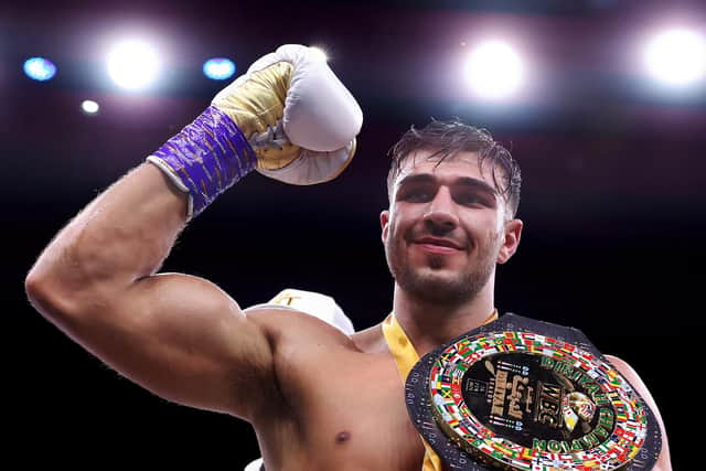 Tommy Fury celebrates his victory over Jake Paul. 