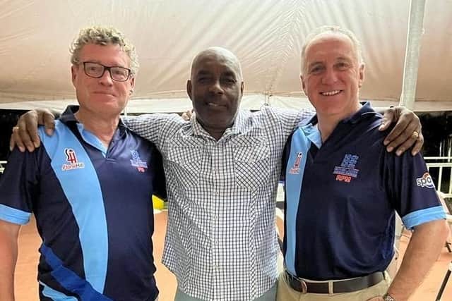 Former England player Roland Butcher with England 60s manager Paul Bradley and former manager Richard Merriman