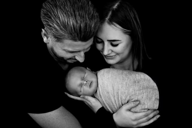 Sammy Gray with her son Walter and partner Daley
Sammy, from Blackpool, is believed to be one of the first CAR-T therapy patients in the UK to give birth following the innovative treatment that cleared her body of cancer 
Photo credit: Kelly Couttie Photography/PA Wire