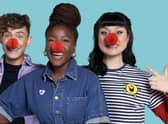 Blue Peter presenters, Joel Mawhinney, Mwaka ‘Mwaksy’ Mudenda and Abby Cook from Grangemouth support Red Nose Day 2023 by wearing the new Red Nose and Mr Men merchandise. Pic: BBC