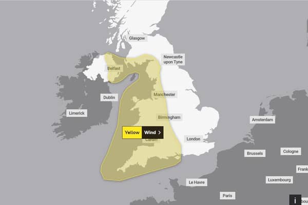 Yellow warning of wind: Areas affected: London & South East England | North West England | Northern Ireland | SW Scotland, Lothian Borders | South West England | Strathclyde | Wales | West Midlands